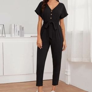 Button-front cuffed-arm belted jumpsuit
